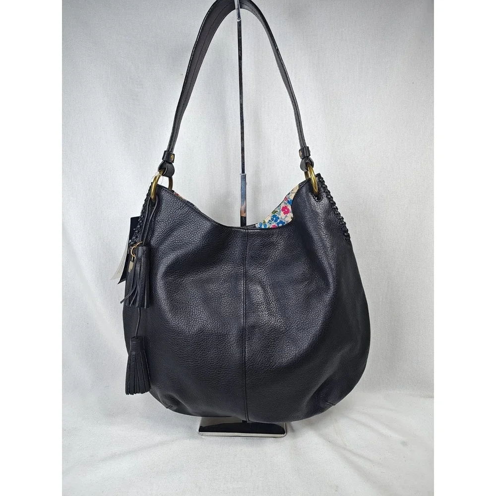 Tommy Hilfiger Black Pebbled Leather Hobo Bag Floral Lining NWT Tassel Purse